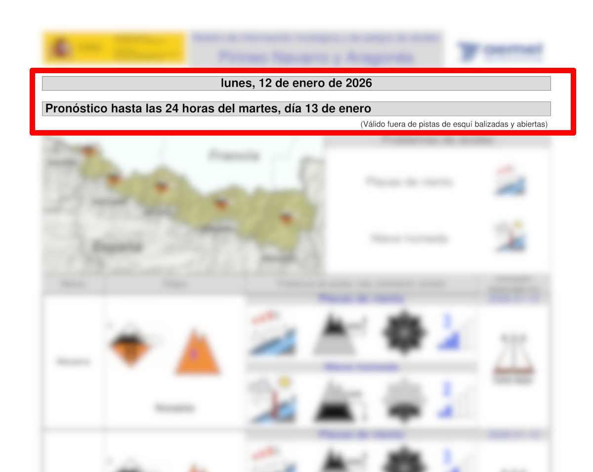 En la parte superior del boletín se indica la fecha de emisión así como la fecha para la que es válido. En este caso fue emitido el lunes 12 de enero y es válido para el día 13 de enero.