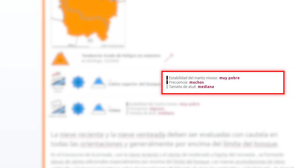 Ejemplo del boletín de Lauegi del Valle de Arán donde se informa de la estabilidad, frecuencia y tamaño.